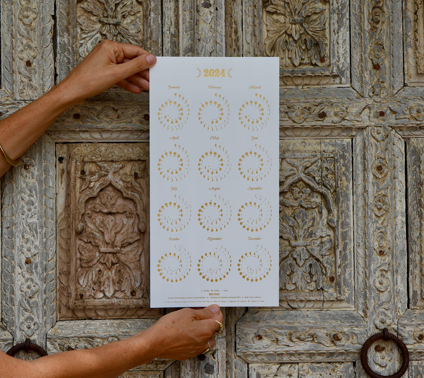 2024 Moon Calendar Gold Foil on Pearl White - SMALL: Unframed