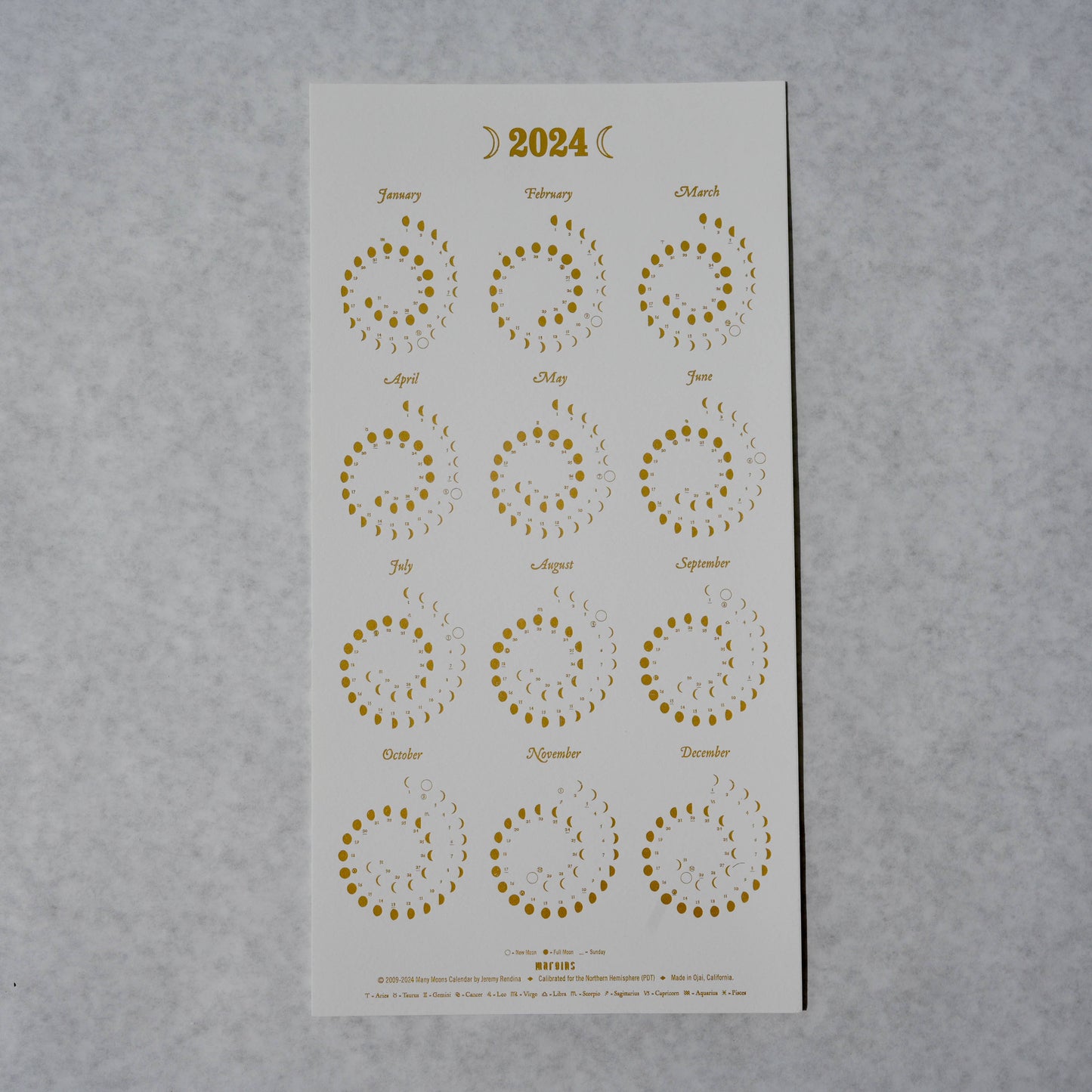 2024 Moon Calendar Gold Foil on Pearl White - SMALL: Unframed